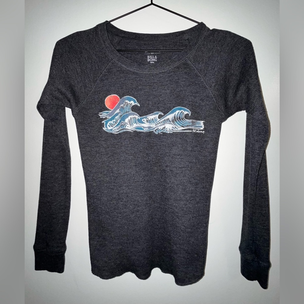 Billabong Grey Women’s Ocean Waves w/Sun Small Thermal Long Sleeve T-shirt Top